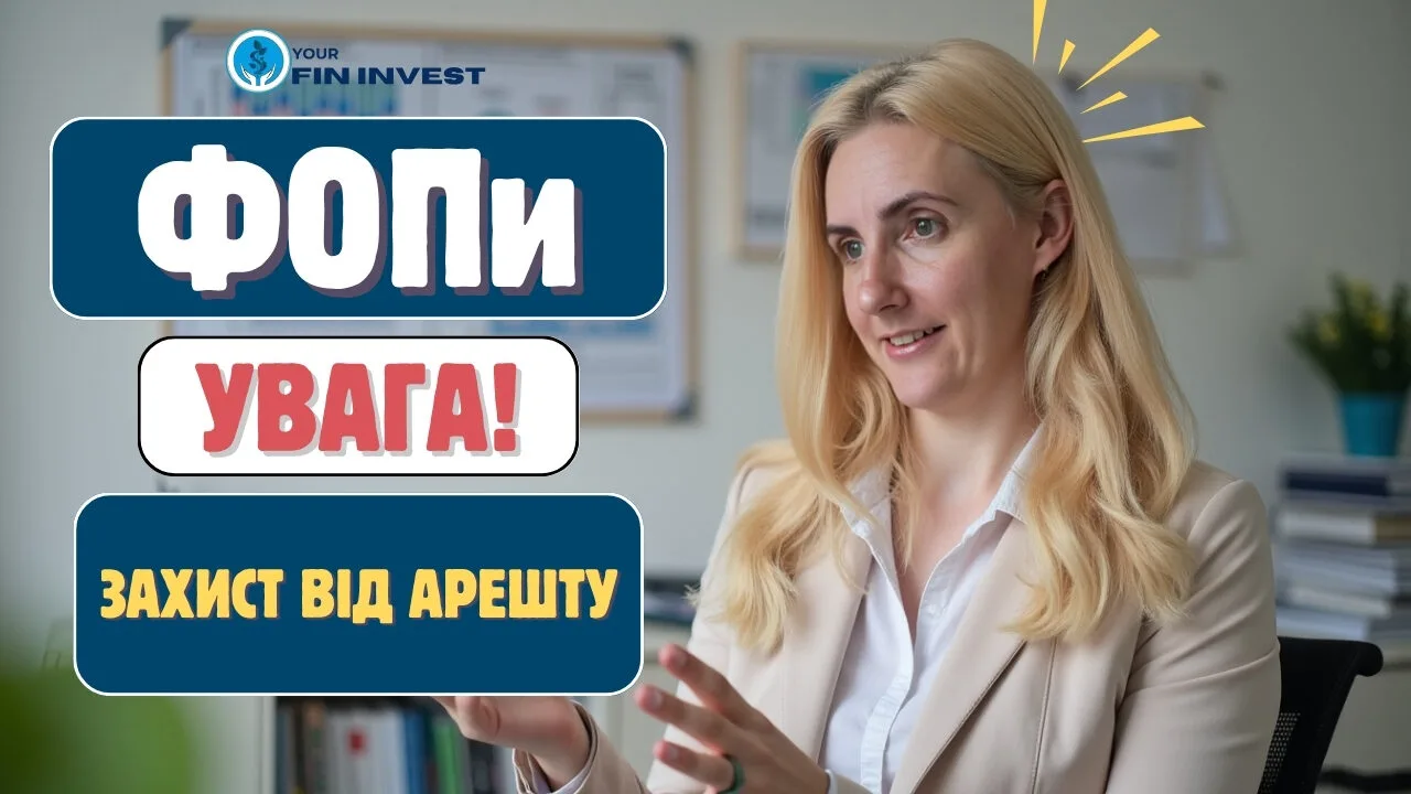 Консультантка Your Fin Invest за робочим столом в офісі поруч із написом «ФОПи, увага: захист від арешту» — тема статті про захист коштів ФОП від арешту рахунку.