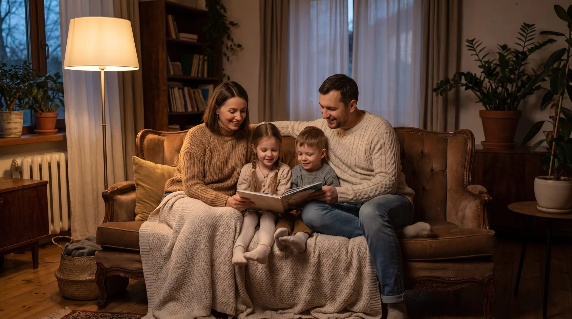 Родина разом удома ввечері з книжкою — тепле світло, відчуття захищеності