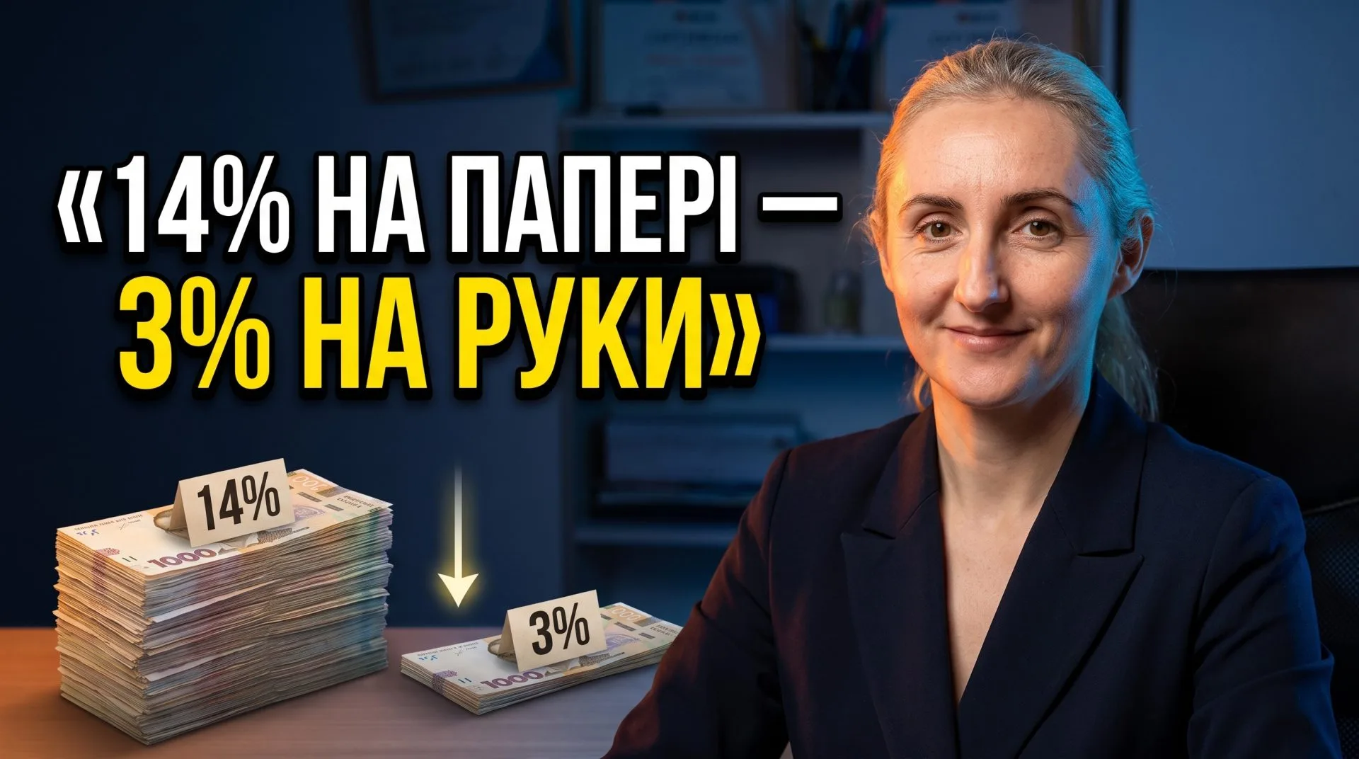 Ілюстрація з написом «14% на папері — 1% на руки»: консультантка Your Fin Invest поруч зі стосом банкнот під табличкою «14%» і меншим стосом під табличкою «1%» — наочна різниця між номінальною і реальною дохідністю депозиту.
