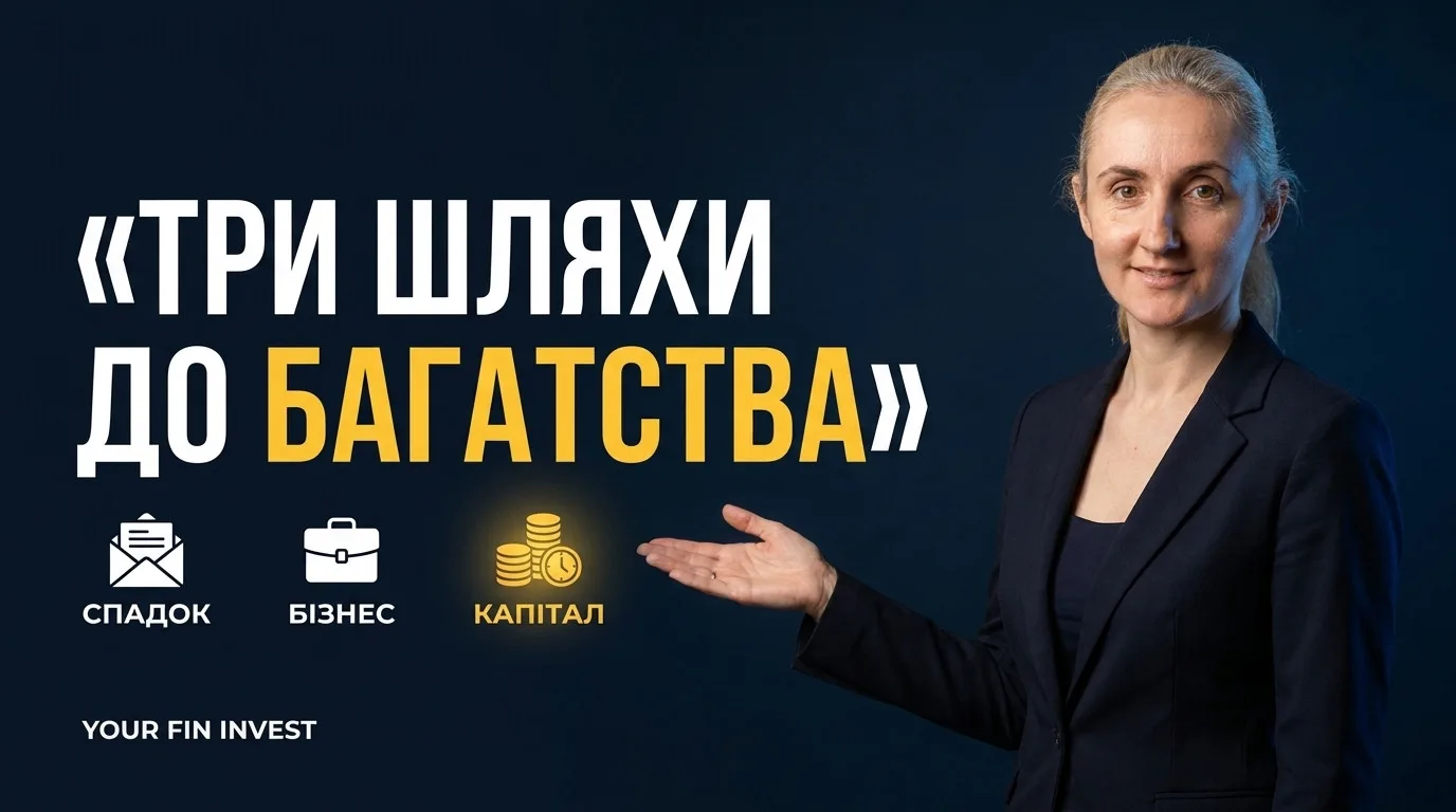 Обкладинка статті «Три шляхи до багатства» з іконками спадку, бізнесу і капіталу, де капітал виділено кольором як шлях, доступний кожному, поруч консультантка Альона Костенко.