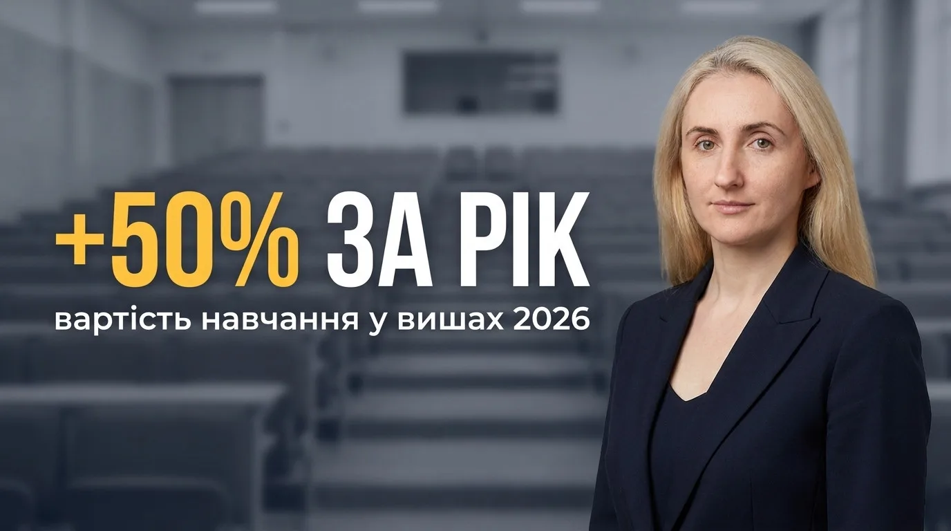 Обкладинка статті: порожня університетська аудиторія та напис «+50% за рік — вартість навчання у вишах 2026», поруч консультантка Your Fin Invest.